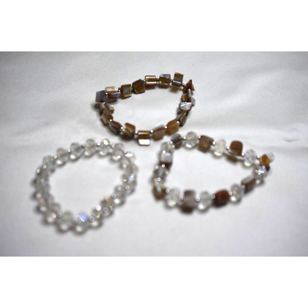 Trendy Stackable Aurora/Shell 6" Stretch Set Of 3 Y2K Preppy Flashy Bracelets